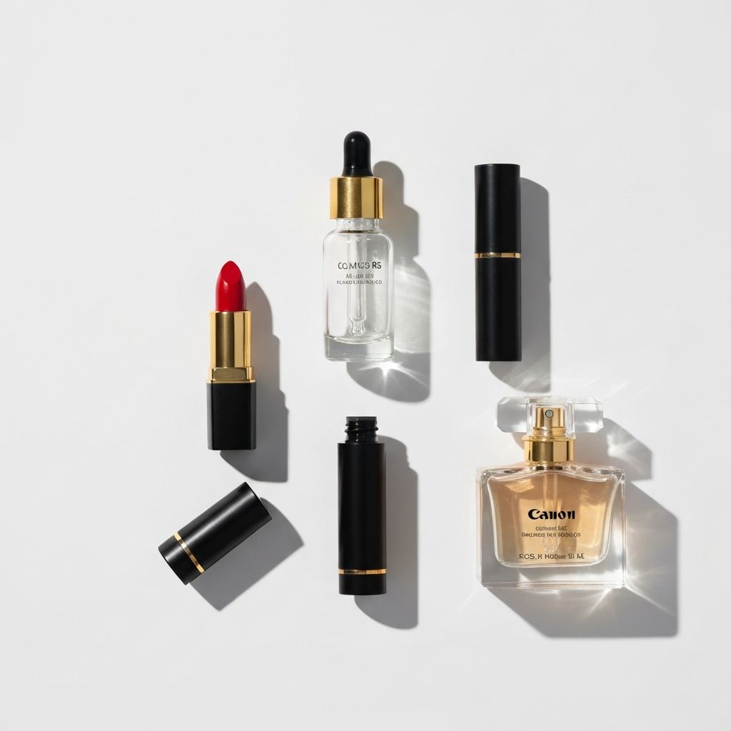 Showcase of premium beauty products including lipstick, serum, mascara, and perfume