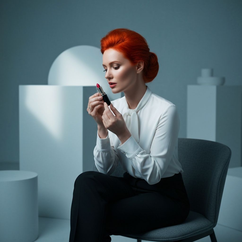 A woman reviewing beauty products at a modern desk